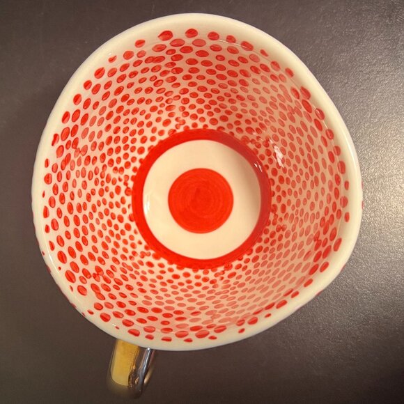 CREATIVE CO-OP Artisan Look Stoneware Mug w/ Red Dots Design & Shiny Gold Handle - Picture 5 of 11